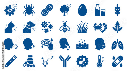Allergy symptoms and triggers icons set showing common allergens like pollen food pets and medical treatment for allergic reactions and respiratory issues