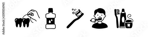 Set of minimalist black and white dental hygiene icons including flossing, mouthwash, toothbrushes, toothpaste, and person brushing. Perfect for oral health and daily routine concepts.