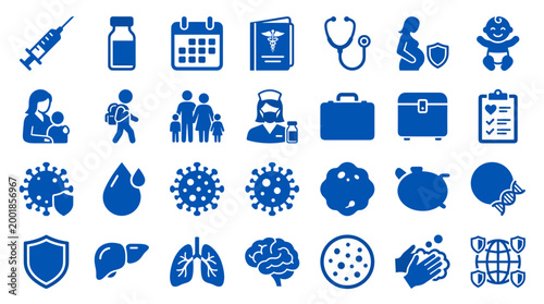 Collection of blue medical healthcare icons representing health services, research, and patient care with symbols for doctors, viruses, and organs