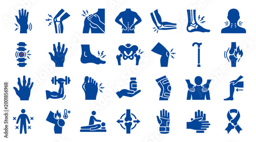 Collection of blue icons representing various body pains injuries and medical conditions affecting joints muscles and bones health care concept