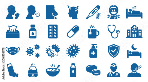 Collection of blue icons representing illness symptoms, medical treatment, and healthcare concepts for health and wellness themes