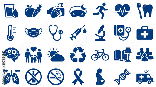 Collection of health and wellness icons representing healthy lifestyle choices medical care and scientific research