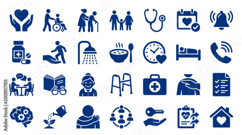 Collection of healthcare and elderly care icons representing medical services, support, and well-being for seniors and patients
