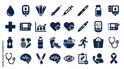 Collection of medical icons representing diabetes care health monitoring and healthy lifestyle choices