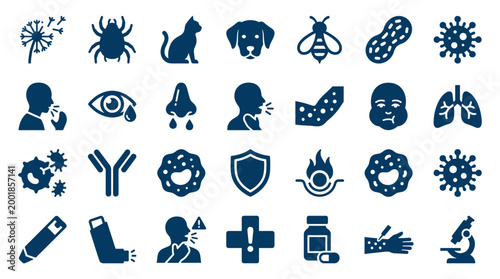 Allergy symptoms and triggers icons collection, medical symbols for health and illness, immune system and treatment concepts