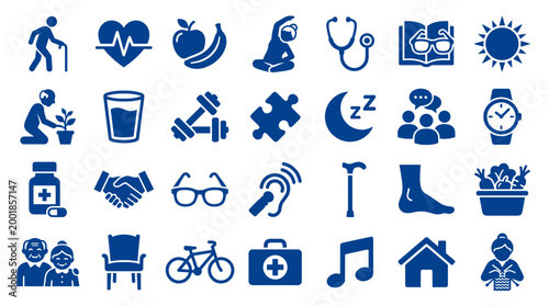 Collection of healthcare and wellness icons representing healthy aging, medical care, and active senior lifestyle choices