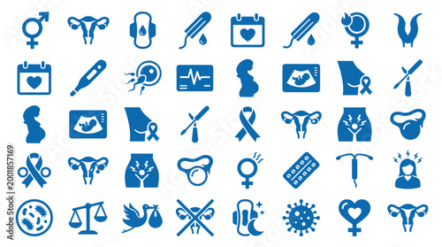 Collection of blue medical and reproductive health icons representing women's health, pregnancy, and fertility symbols on a white background