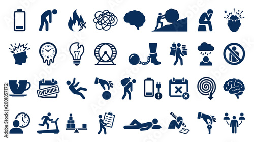 Collection of icons representing stress burnout exhaustion and mental overload in business and personal life with symbols for fatigue deadlines and pressure