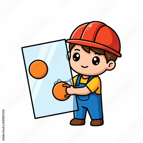 Cute cartoon construction worker in a hard hat and blue overalls, carefully carrying a large glass panel with suction cups. Adorable character for glazing, building, and home renovation concepts