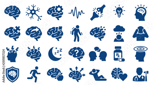 Collection of blue brain and mental health icons representing neurology neuroscience psychology and medical conditions