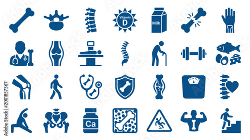 Bone health icons set representing medical care, healthy lifestyle, exercise, nutrition and aging for osteoporosis prevention and wellness