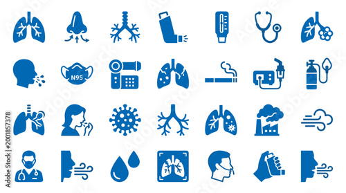 Collection of blue icons representing respiratory health, lung diseases, medical equipment, and air pollution for healthcare and wellness concepts