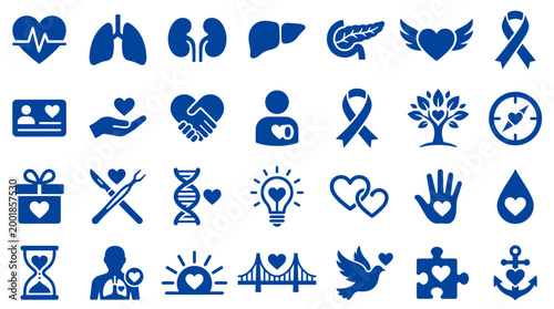 Collection of medical and health care icons representing organs, love, support, and life concepts in a blue color palette