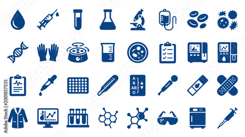 Collection of medical and scientific laboratory icons representing research diagnostics healthcare and biotechnology innovation