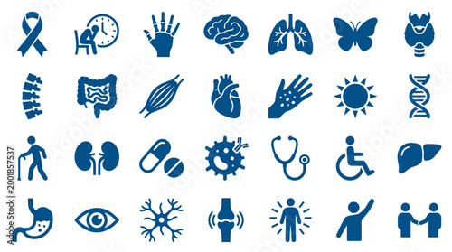 Collection of medical and health icons representing various body parts organs and conditions in blue on a white background