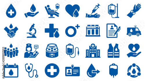 Collection of blue medical and healthcare icons representing donation blood transfusion and medical services on a white background