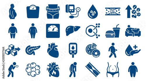 Collection of icons representing health issues like obesity diabetes heart disease and unhealthy lifestyle choices