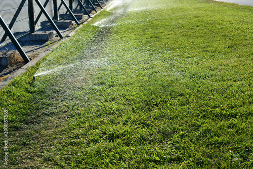 Automatic Sprinklers Watering a Lush Green Lawn low angle view