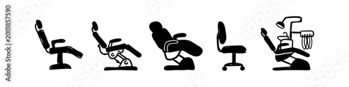 Set of hand-drawn dental chair silhouettes and medical equipment doodles on white background. Perfect for dentistry clinics, healthcare icons, and medical office design elements.