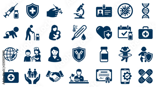 Collection of healthcare and medical icons representing vaccination, research, patient care, and public health initiatives