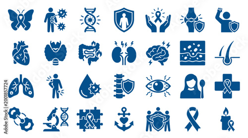 Collection of medical icons representing diseases organs health research and treatment symbols in blue on white background