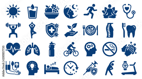 Healthy lifestyle icons representing wellness fitness nutrition sleep and medical care concepts in blue color scheme
