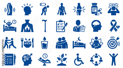 Collection of blue icons representing health wellness and medical conditions with symbols for body pain sleep mental health and therapy