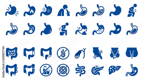 Digestive system health icons representing stomach intestine and liver issues and conditions with medical symbols