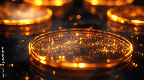 Petri dish with glowing particles, abstract science lab