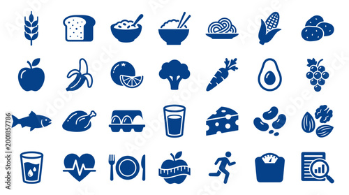 Healthy food icons representing balanced diet and nutrition for a healthy lifestyle and wellness concept