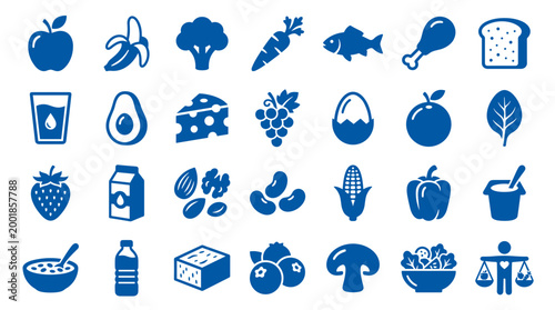 Healthy Food Icons Set Representing Balanced Diet and Nutrition Variety