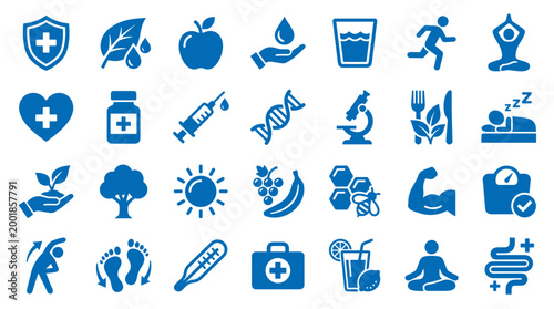 Collection of blue healthcare and wellness icons representing healthy lifestyle choices, medical care, fitness, and scientific research on a white background