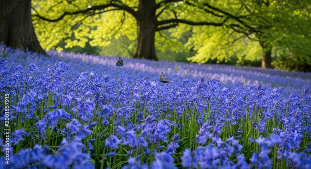 Naklejka premium bluebells forest floor trees