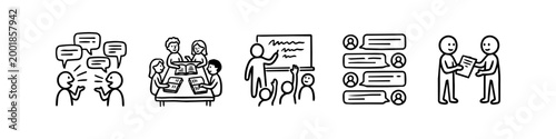Set of hand-drawn doodle icons for education, communication, and business. Includes people talking, studying in a group, teaching in a classroom, online chat, and document exchange.