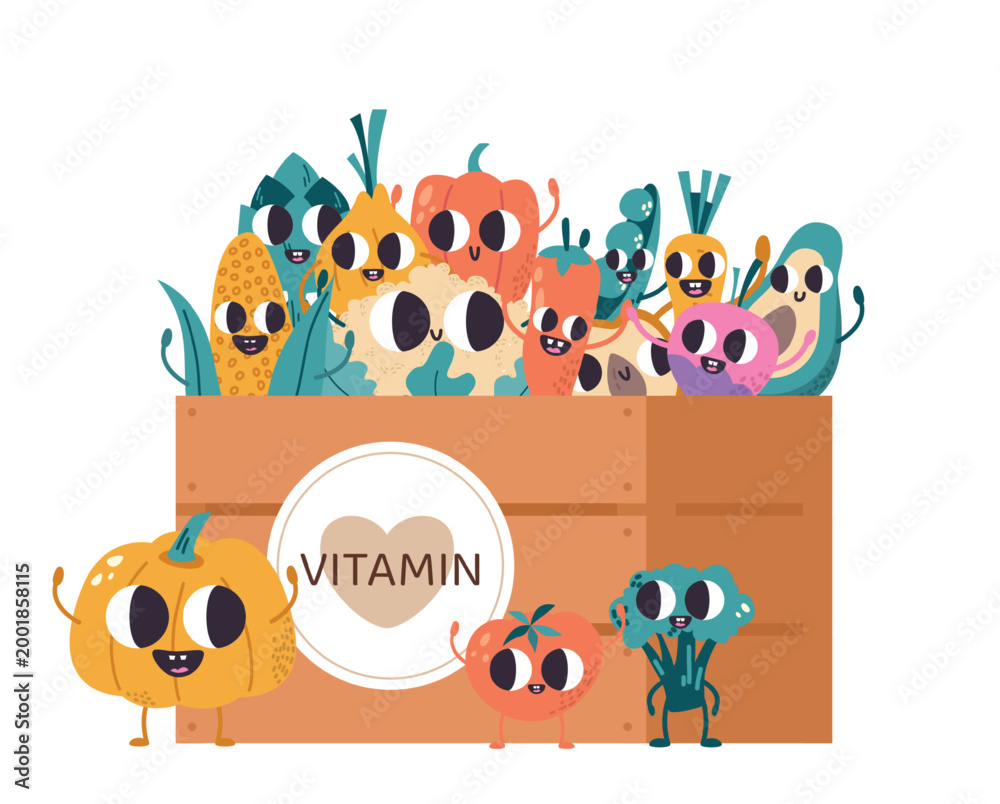 Fototapeta premium Fresh cartoon vegetables in wooden box. Agriculture poster with funny pumpkin, broccoli, tomato, pepper, carrot, corn. Farm food vector background