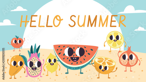 Summer poster with funny cartoon fruits. Groovy watermelon, orange, lemon, apple and mango on sand. Seasonal vacations, vector juicy background