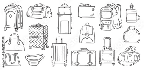 Doodle travel bags. Backpack, handbag, big and small suitcases. Bag for tourism, leisure, job journey in airplane, bus, car or train, neoteric vector set