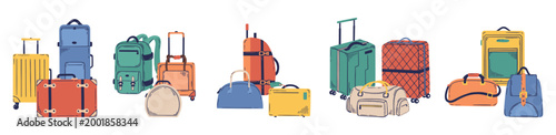 Doodle travel suitcases. Bag, backpack and suitcase, plastic and textile bags for luggage. Different baggage groups, vacation, tourism, neoteric vector set