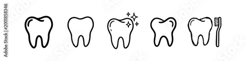 Hand-drawn dental icon set featuring healthy teeth, toothbrush, and whitening effects. Minimalist black line art doodles for oral hygiene, healthcare, and dentistry concepts.