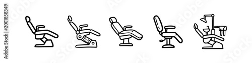A set of five hand-drawn dental chair icons in a sketchy line art style. These medical reclining chairs represent dental clinic equipment for healthcare and dentistry concepts.