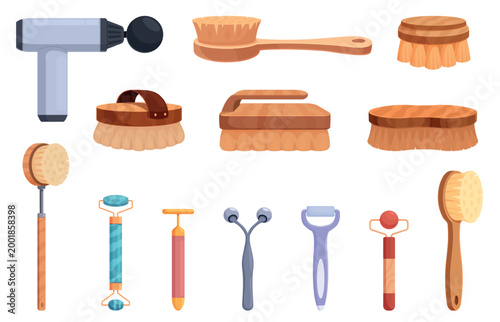 Massage devices. Modern accessories for beautiful refreshing procedures. Peeling and anti cellulite brushes. Gua sha stones, device for rejuvenation, sapid vector set