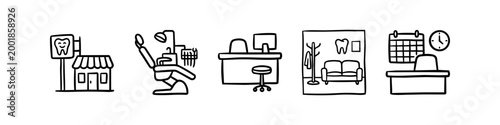 Professional hand-drawn doodle icons of a dental office including clinic exterior, dentist chair, reception, waiting room, and schedule. Minimalist black line art for healthcare concepts.
