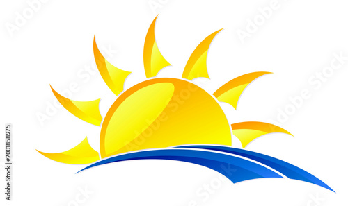A symbol of dawn of the sun with a blue wave.