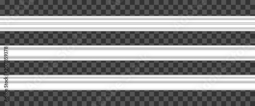 Realistic white molding baseboard vector set for home or office interior decor empty border frame trim work wooden moulding board ceiling, wall decorative modern indoor design domestic paneling.