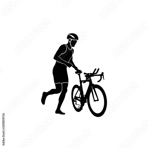 Triathlete pushing bicycle during race silhouette.