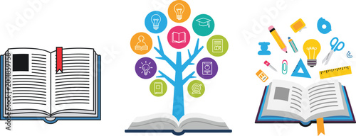 Education and Learning Concept Collection with Books, Knowledge Tree, Study Tools, and School Elements for Academic and E Learning Illustration