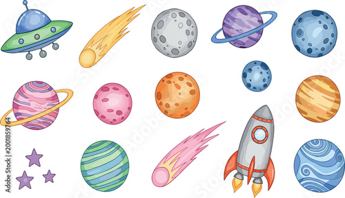 Colorful Outer Space Illustration Set Featuring Cartoon Planets, Rockets, UFO Saucers, Comets, and Stars for Childrens Education, Science Projects, and Galaxy Themed Graphics