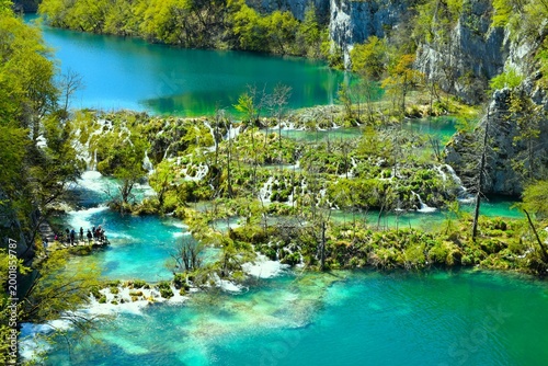 Fotografie Tufa cascades formations at the lakes in Plitvice national park, Lika, Croatia i