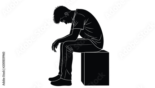 Man sitting on cube looking down silhouette vector graphic