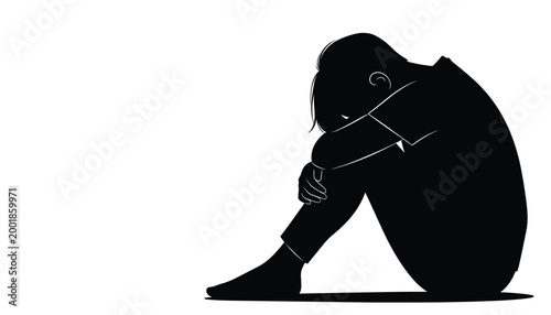 Person curled up in sadness silhouette vector art isolated